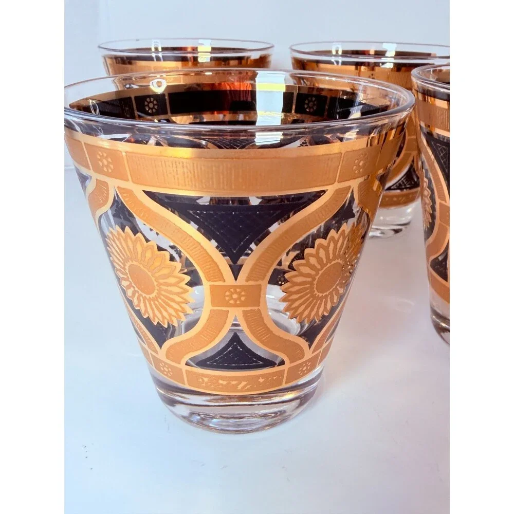 Vtg MCM Fred Press Sunflower 8 Rocks Glasses Black 22K Gold Barware Set Signed